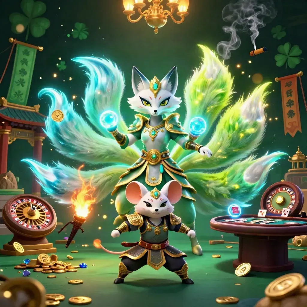 Fox spirit and armored mouse in a neon casino temple with spinning wheel and gold coins.