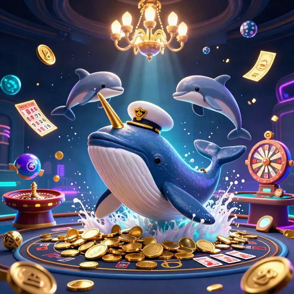 Whale captain, narwhal, and dolphins amid coins, lottery balls, wheel, and neon casino lights.