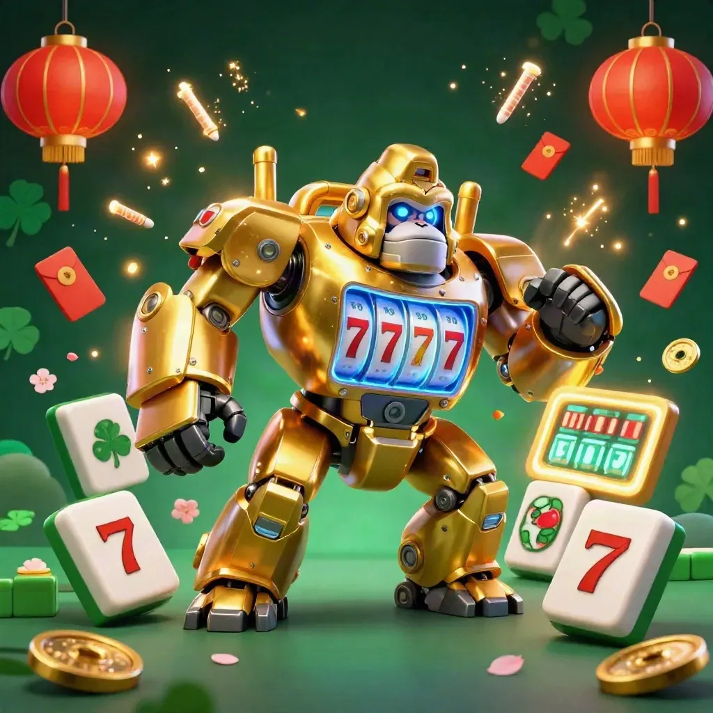 Golden gorilla slot-mech with monkey pilot, neon casino effects, coins, lanterns, and jade tiles.