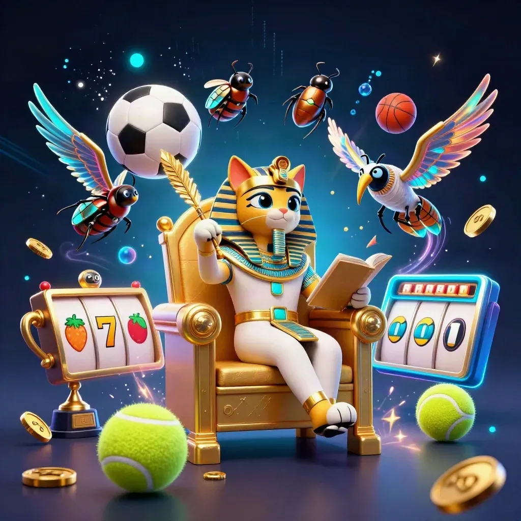 Pharaoh cat on a golden throne with ibis scribe, scarabs, sports balls, and casino effects