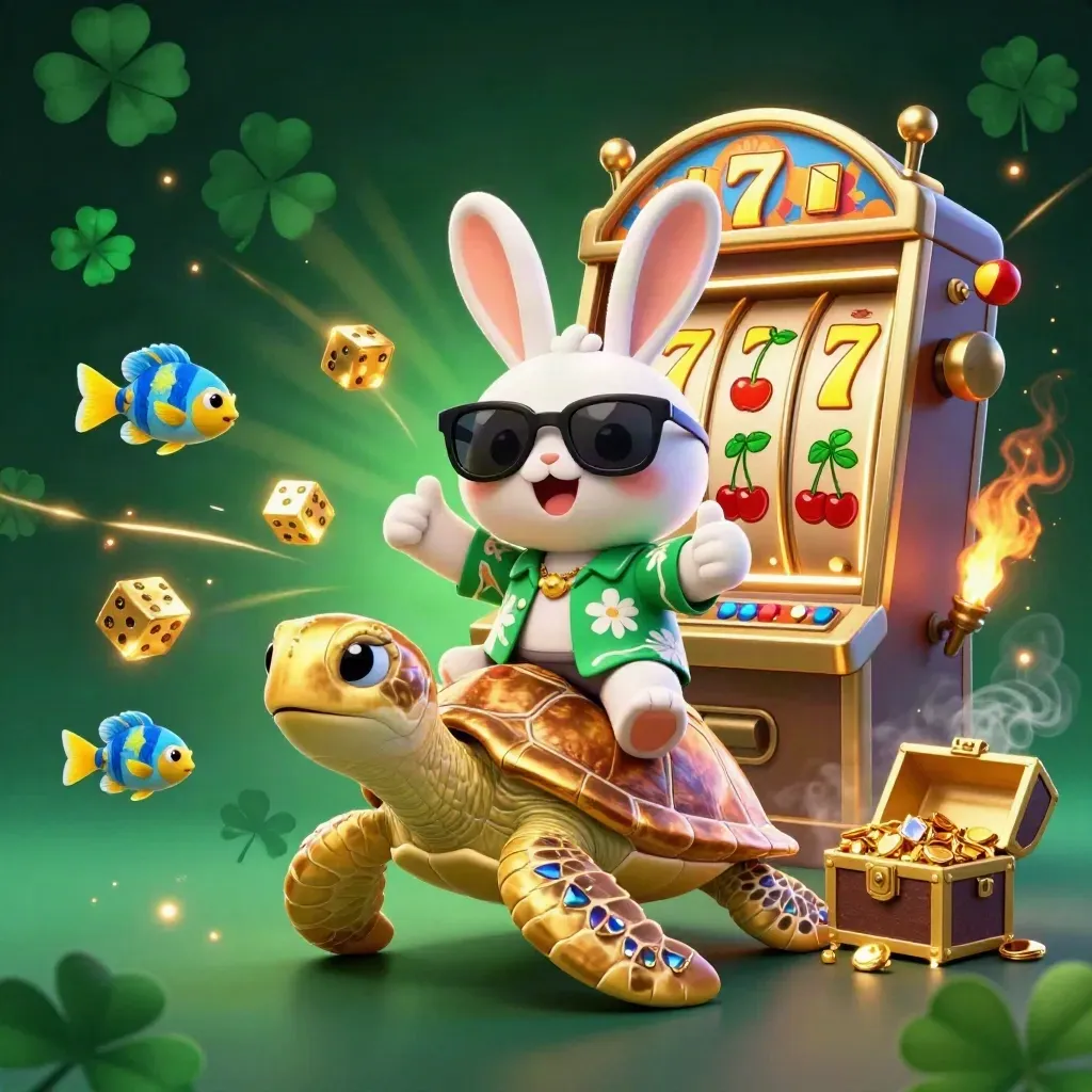Lucky rabbit on a golden sea turtle amid jackpots, gems, and neon casino energy