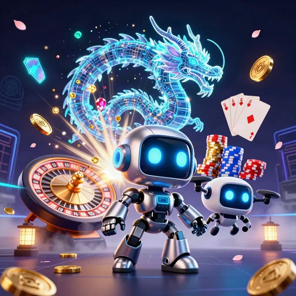 Cyberpunk robot, hologram dragon, and coin drone amid coins, gems, cards, chips, and blue neon glow