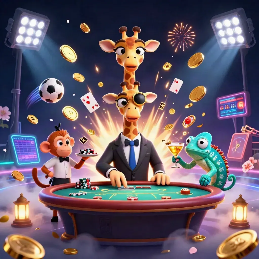 Giraffe, monkey, and chameleon amid coins, sports balls, trophy, and neon casino lights.