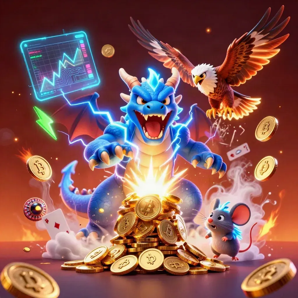 Thunder dragon, wind hawk, and static mouse burst through casino coins, lightning, and crypto icons.