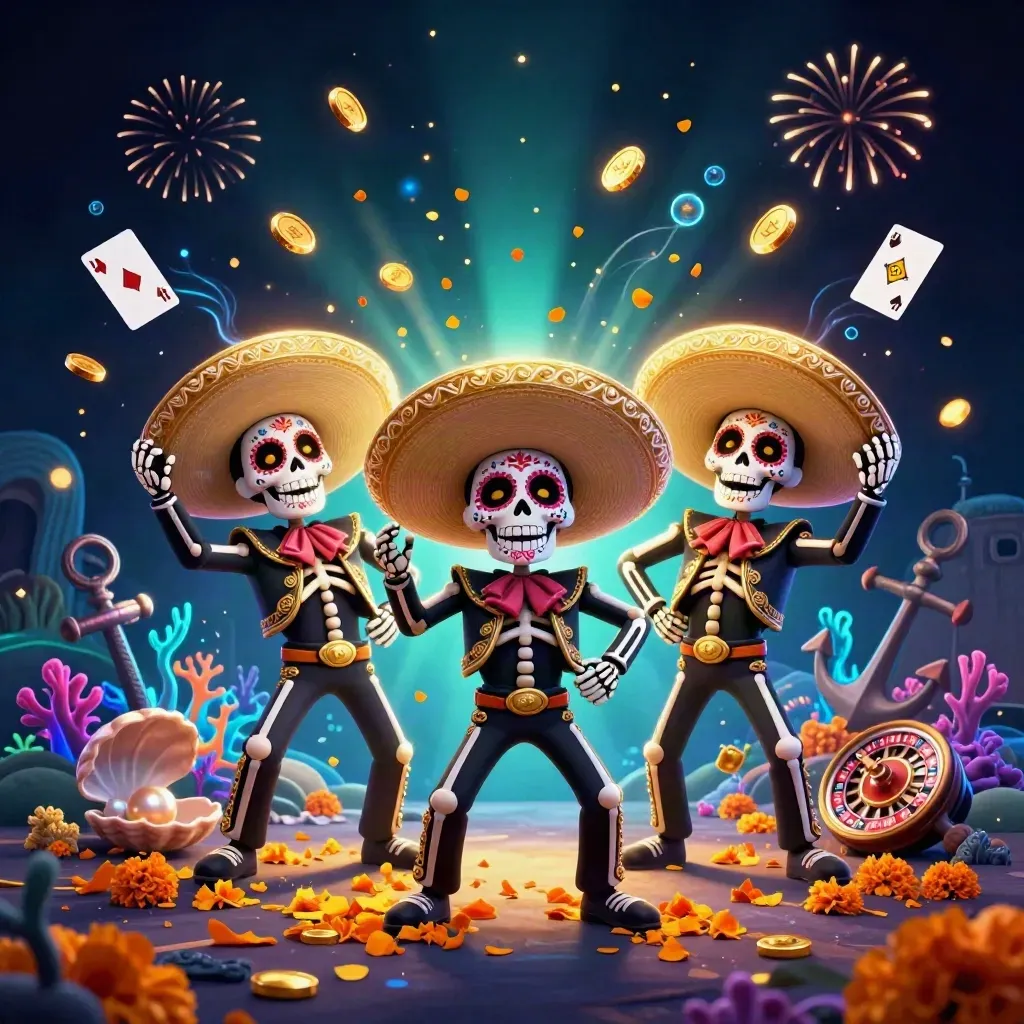 Skeleton mariachi trio amid coin burst, treasure cove elements, and glowing casino lights.