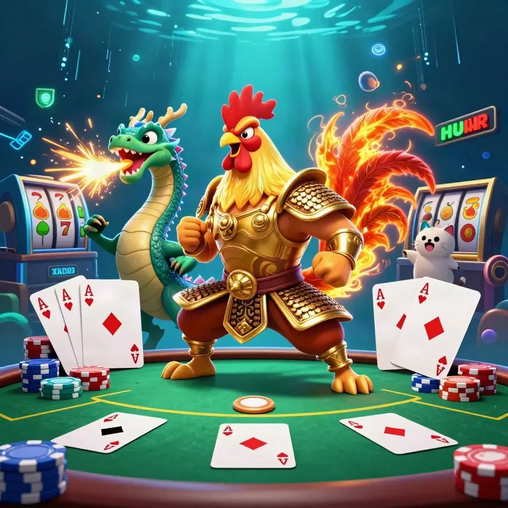 Rooster samurai, dragon hatchling and fortune cat amid casino chips, cards and neon reels