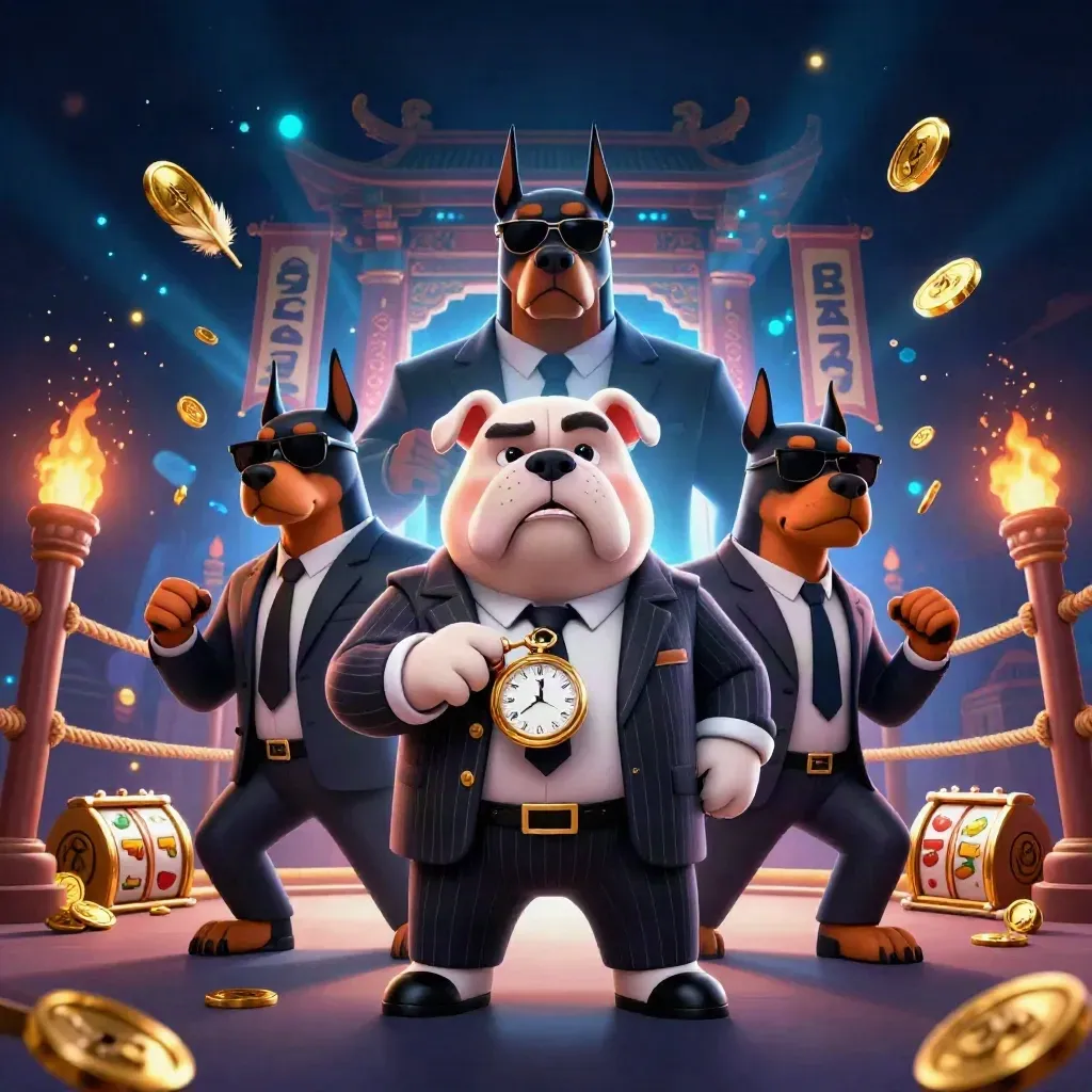 Bulldog boss and two Doberman guards in a neon casino temple scene with coins, reels, and god-rays