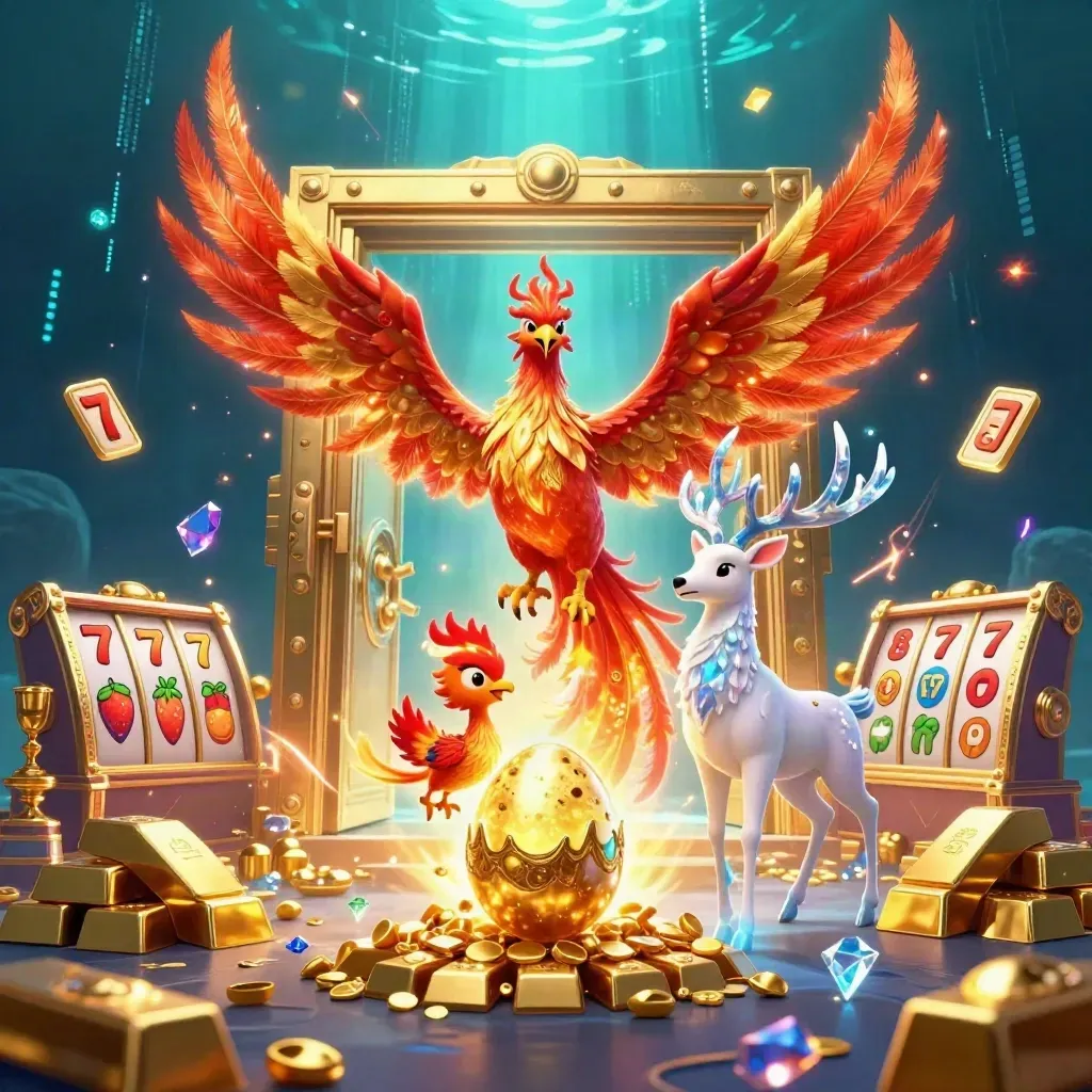 Phoenix, stag, and treasure vault bursting with casino loot in a neon blue-lime fantasy scene.