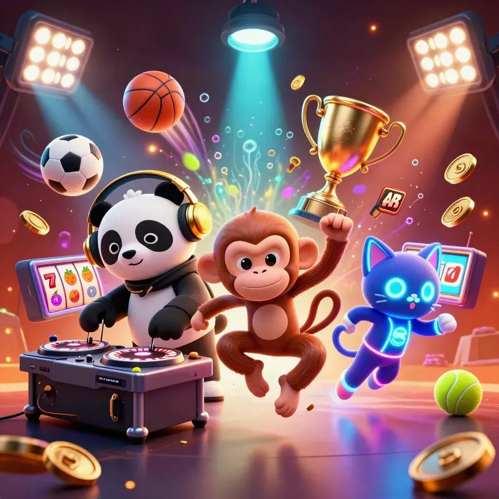 DJ panda, breakdancing monkey, and glow kitten amid casino sports chaos and neon effects
