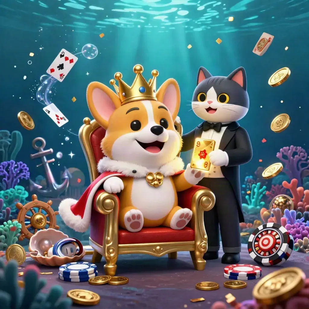 Royal corgi and cat butler in an underwater casino cove with coins, cards, and treasure glow.
