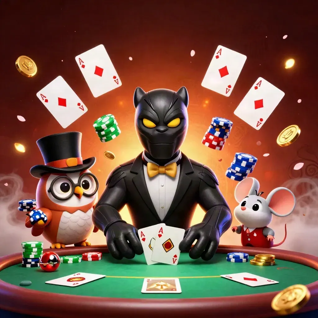 Panther, owl, and mouse in neon casino key art with chips, cards, and gold coins.