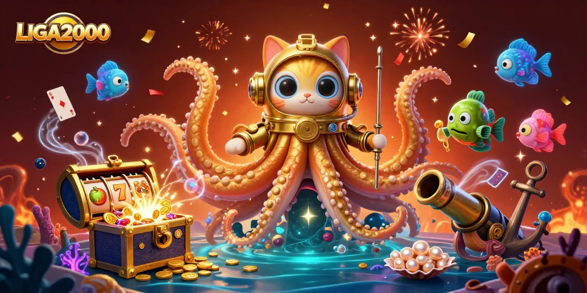LIGA2000 memikat pemain dengan adegan 3D kraken yang mempesona dipenuhi dengan slot yang cerah dan harta karun.