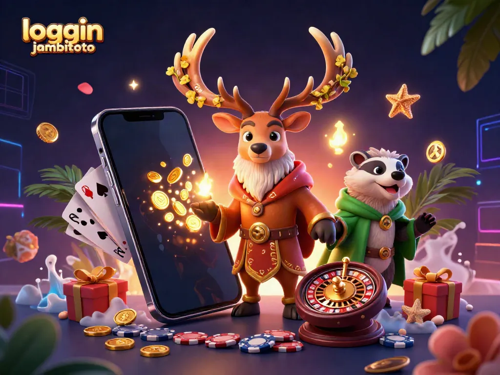 Engage in thrilling online gaming with login jambitoto showcasing slot games, golden coins, and colorful characters.
