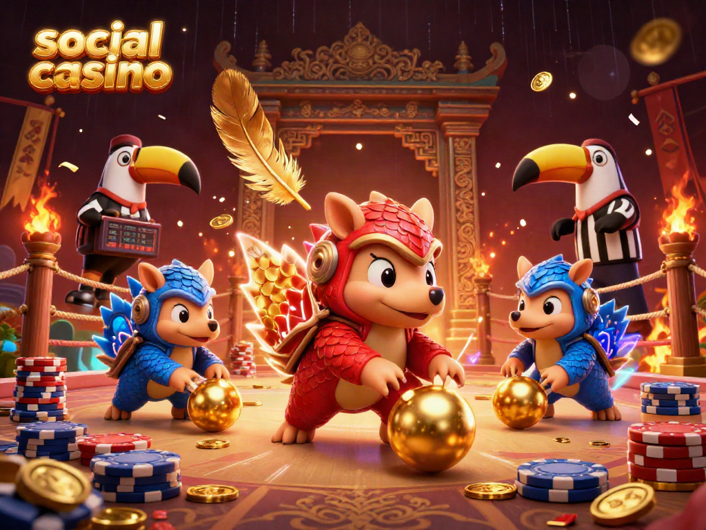 Experience the thrill of a social casino with rival pangolins competing in a vibrant game scene.
