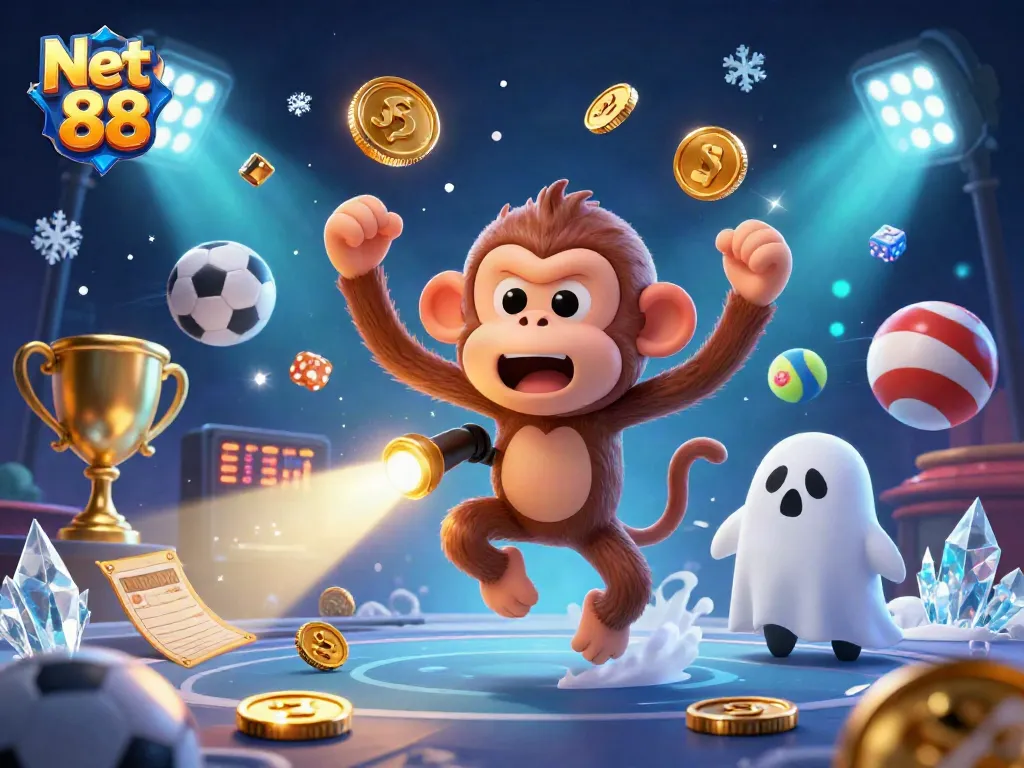 Join the excitement at Net 88 as the mischievous monkey juggles gold and sports elements in a haunted casino.