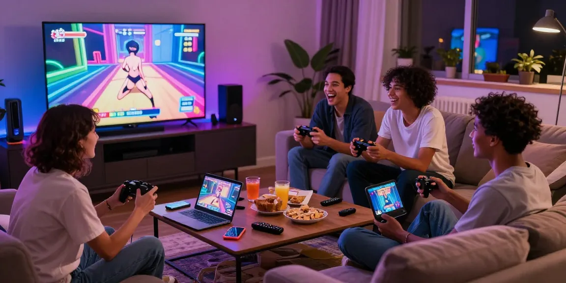 Engaging group playing hentaigames in a cozy living room