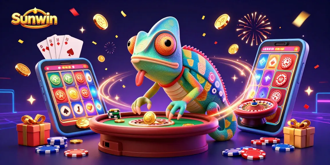 Sunwin chameleon owner captivatingly collects golden coins while surrounded by colorful casino games and elements.