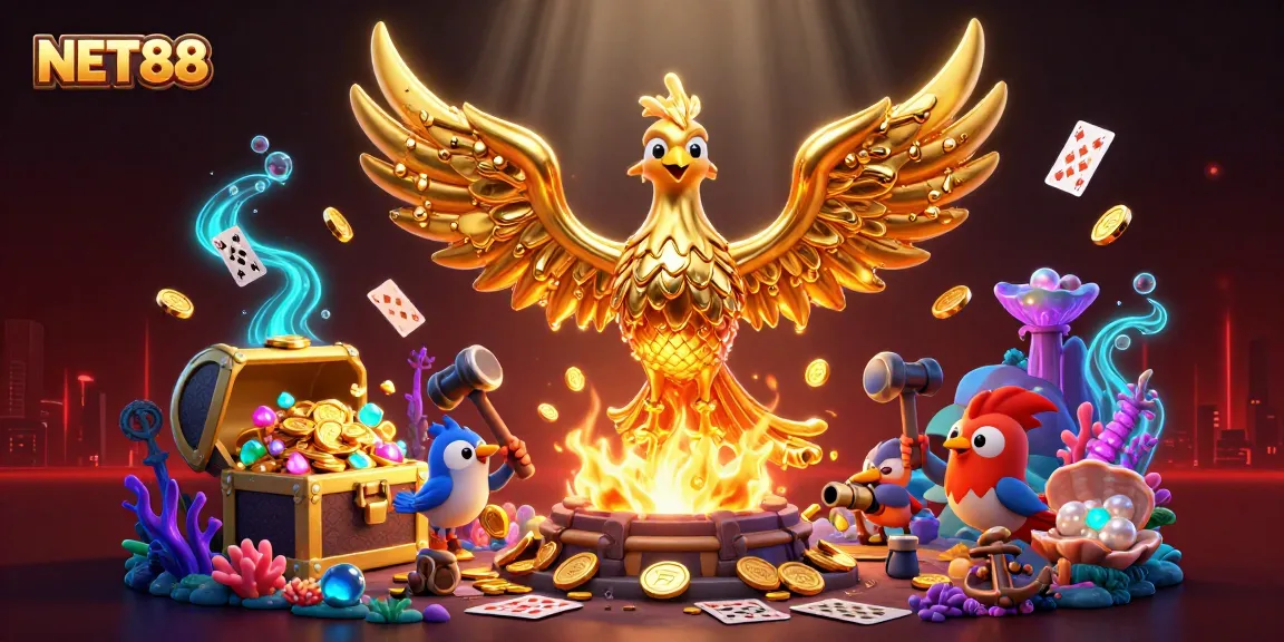 Experience thrilling gameplay at NET88 with a vibrant casino-themed 3D illustration.