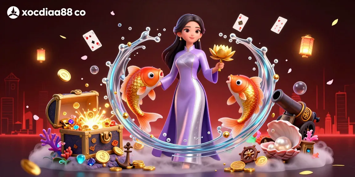 Engage with exciting gaming at xocdiaa88 co, showcasing a vibrant scene of an Asian woman and koi fish amidst floating cards and treasure.