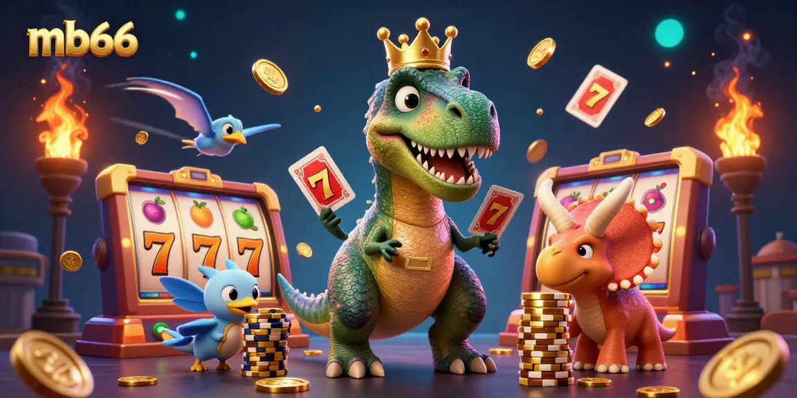 Engage in thrilling gameplay at mb66 with a friendly T-Rex shuffling cards and vibrant slot reels spinning.