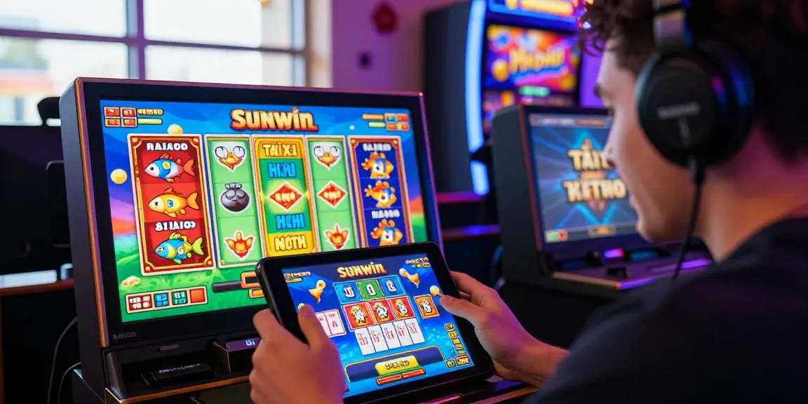 Player enjoying Sunwin online gaming on tablet, vibrant virtual casino atmosphere with colorful game graphics.