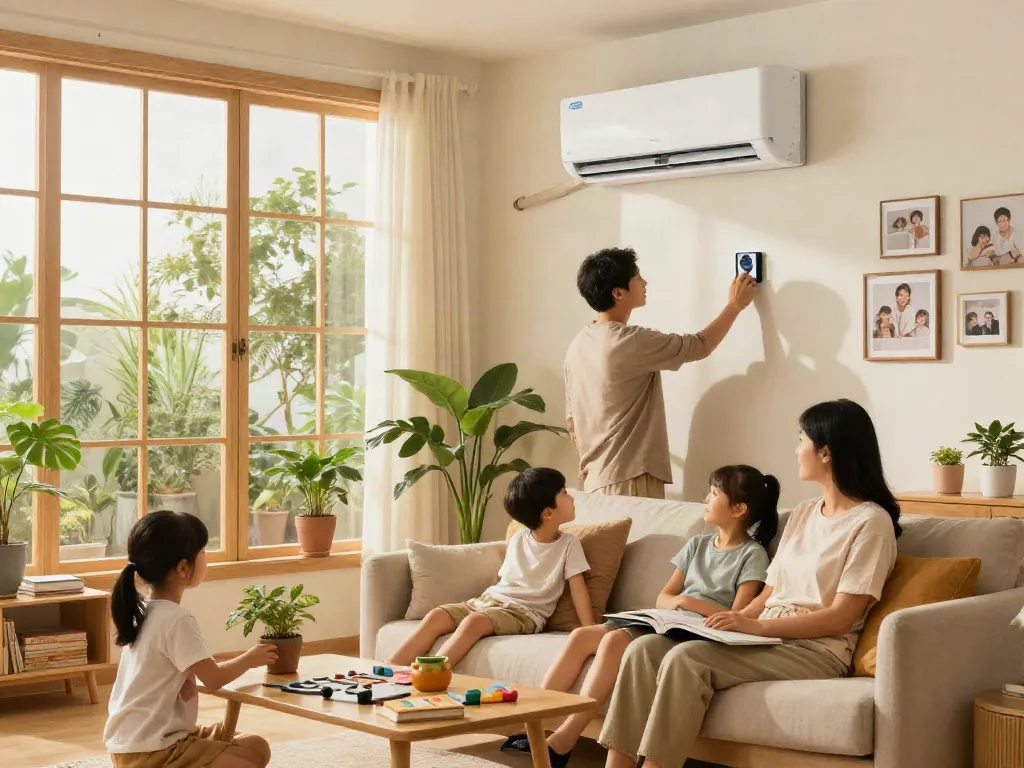Family enjoying comfort of a mini split air conditioner in a cozy living room.