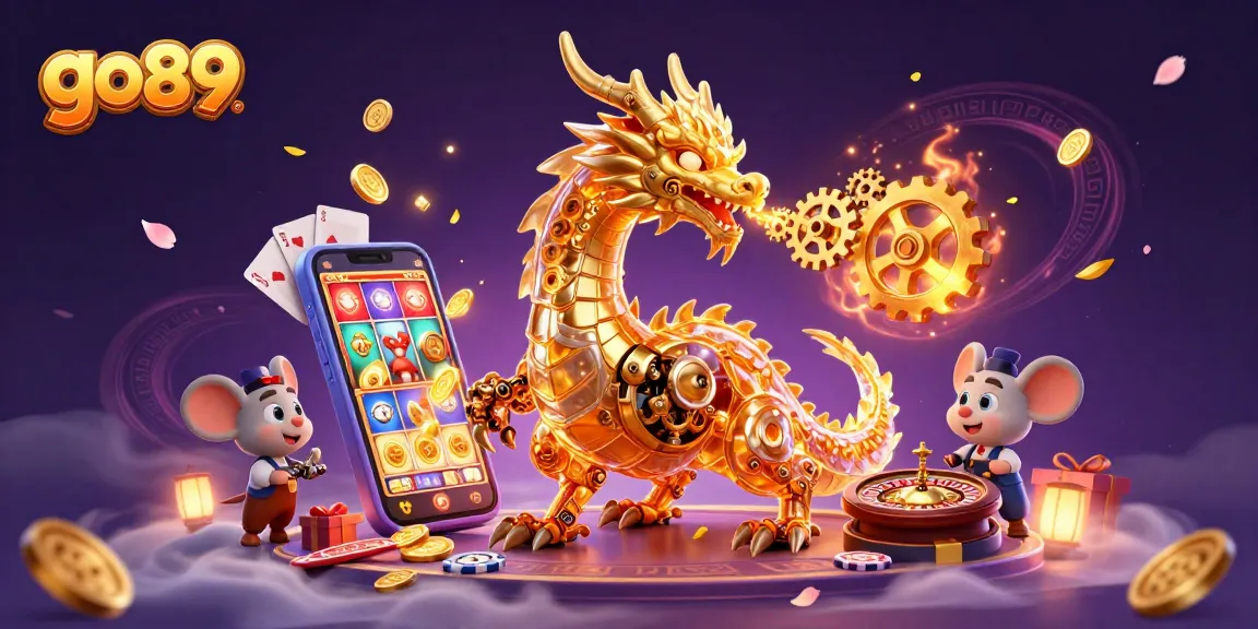 Experience thrilling action at go89 with a golden dragon breathing gears amid vibrant casino elements.