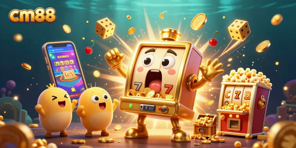 cm88 slot machine hits jackpot with coins pouring out in vibrant casino scene