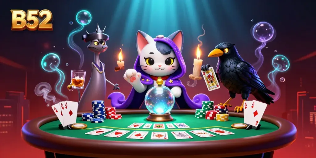 Experience B52 with a thrilling scene featuring a mystical fortune teller cat, vibrant poker elements, and casino excitement.