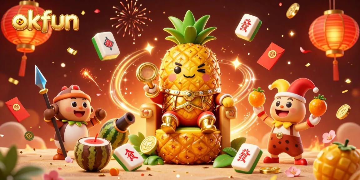 okfun players enjoy vibrant 3D illustration showcasing a golden pineapple king in a beach casino scene.