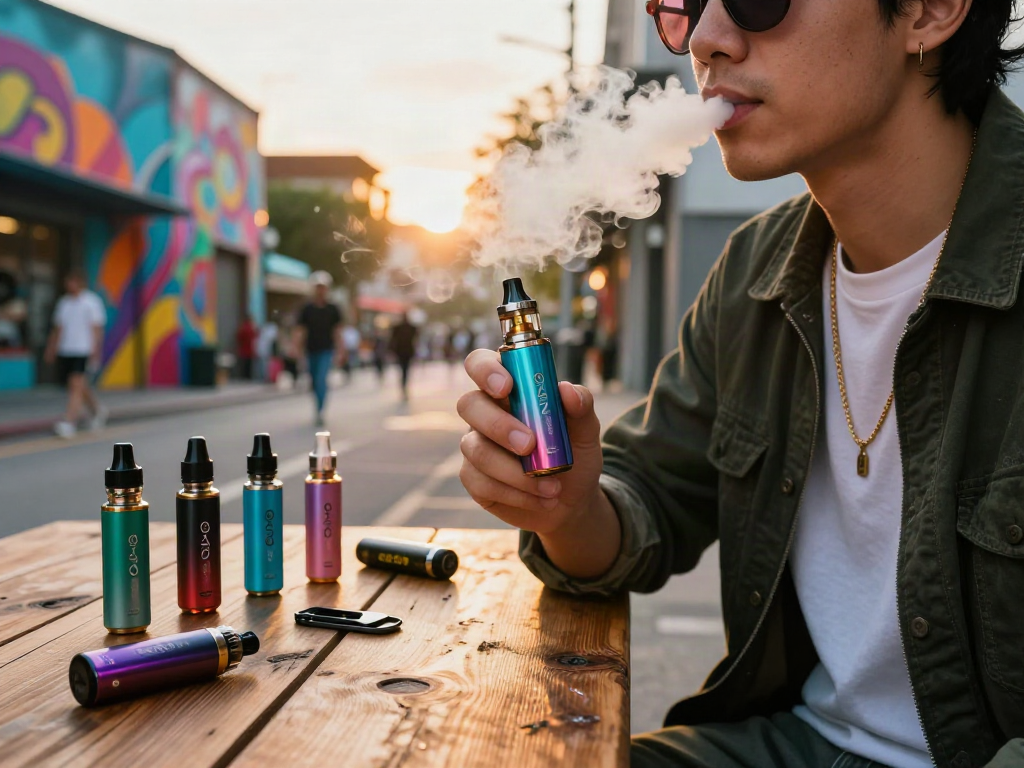 Adult enjoying a raz vape outdoors in an urban setting, exhaling vapor surrounded by vape products.