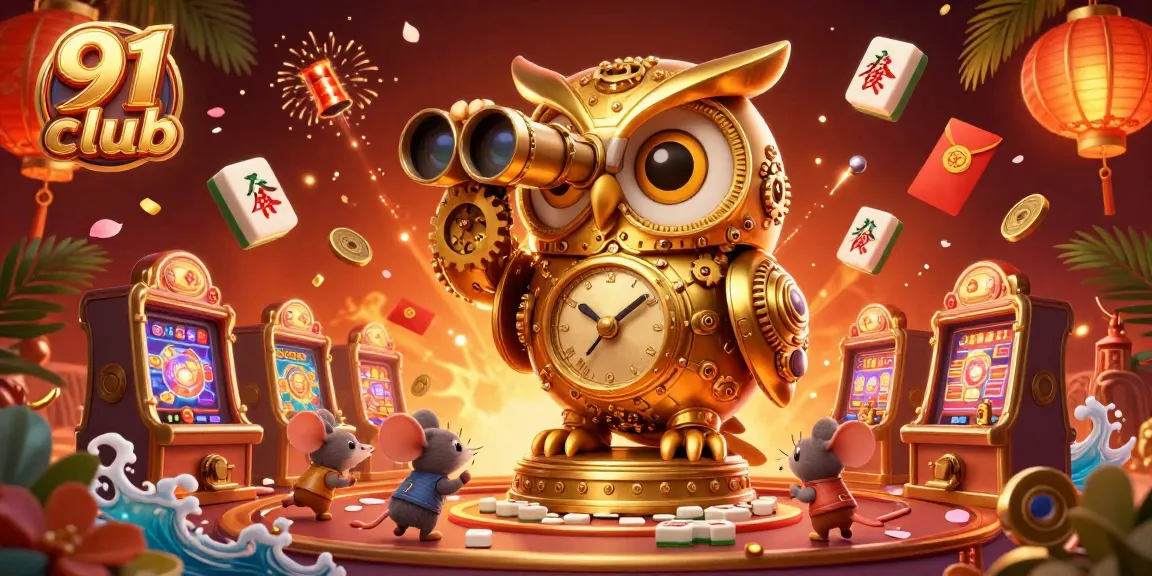Engage in the 91 club casino experience with a vibrant scene featuring a golden owl and dynamic gaming elements.