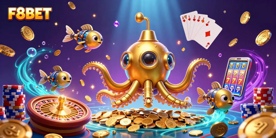 F8BET offers thrilling casino experiences with a golden kraken submarine and exciting game elements.