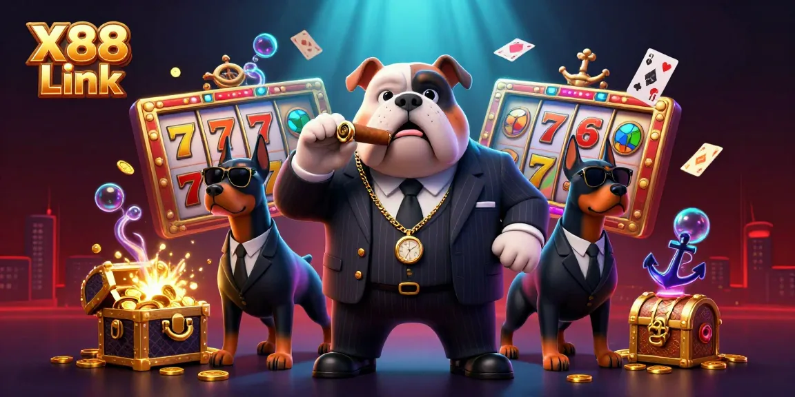 Engage in gaming excitement at X88 Link with a lively casino atmosphere featuring bold characters and vibrant elements.