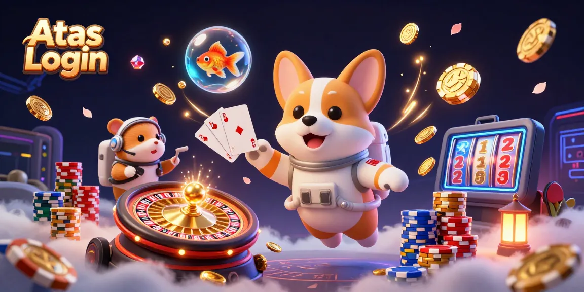 Experience seamless Atas Login access amidst a bustling casino atmosphere with animated characters.