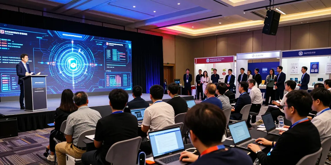 Blockchain 2026 conference scene with diverse audience engaging in discussions and listening to a keynote speaker.