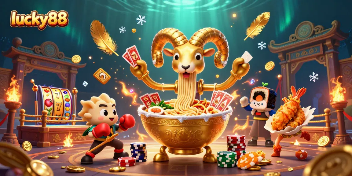Engaging scene showcasing lucky88 with a golden ramen bowl character and lively casino elements.