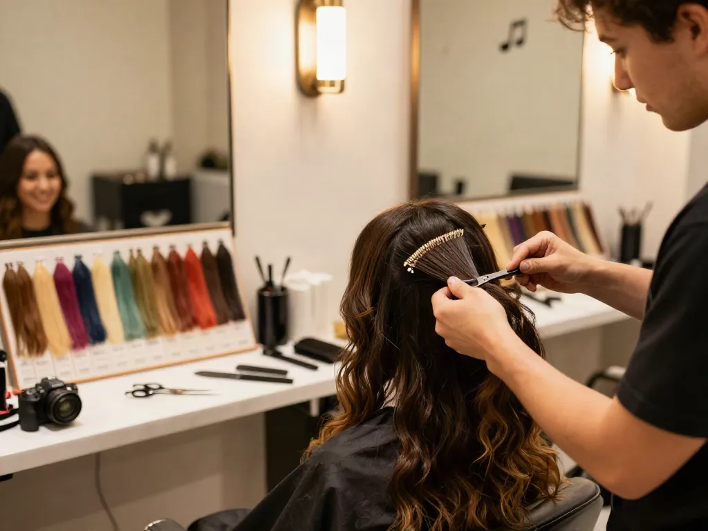 Applying high-quality hair extensions in a chic salon with various shades on display