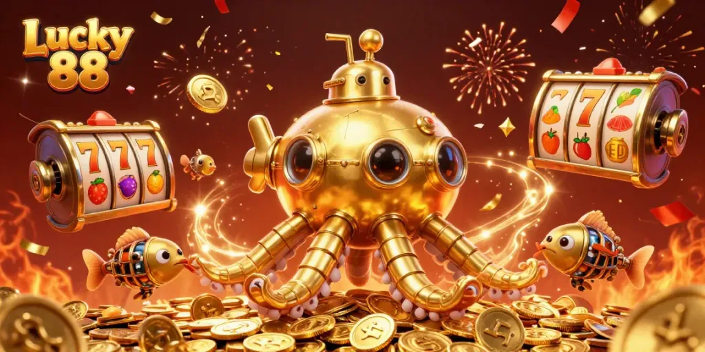 Spin the Lucky 88 slots in a vibrant 3D scene filled with treasures and celebration.