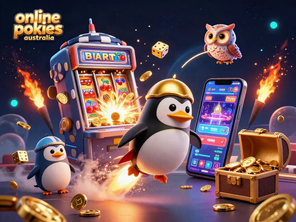 Spin to win big with exciting online pokies Australia featuring a golden penguin and jackpot elements.