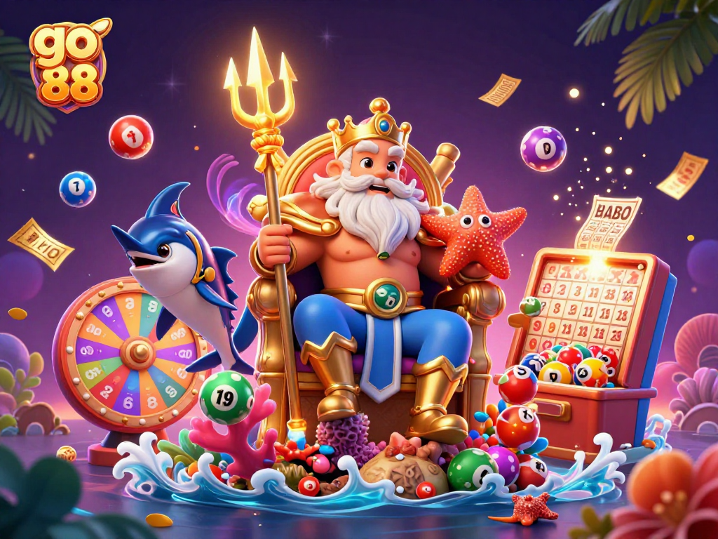 Engage in thrilling fun at Go 88, featuring vibrant lottery balls and a charismatic sea king.