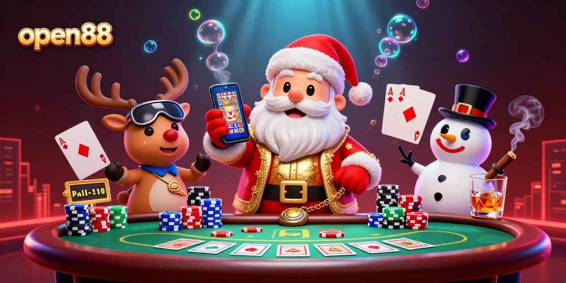 Experience thrilling games at open88 with a vibrant 3D Santa and casino-themed scene.