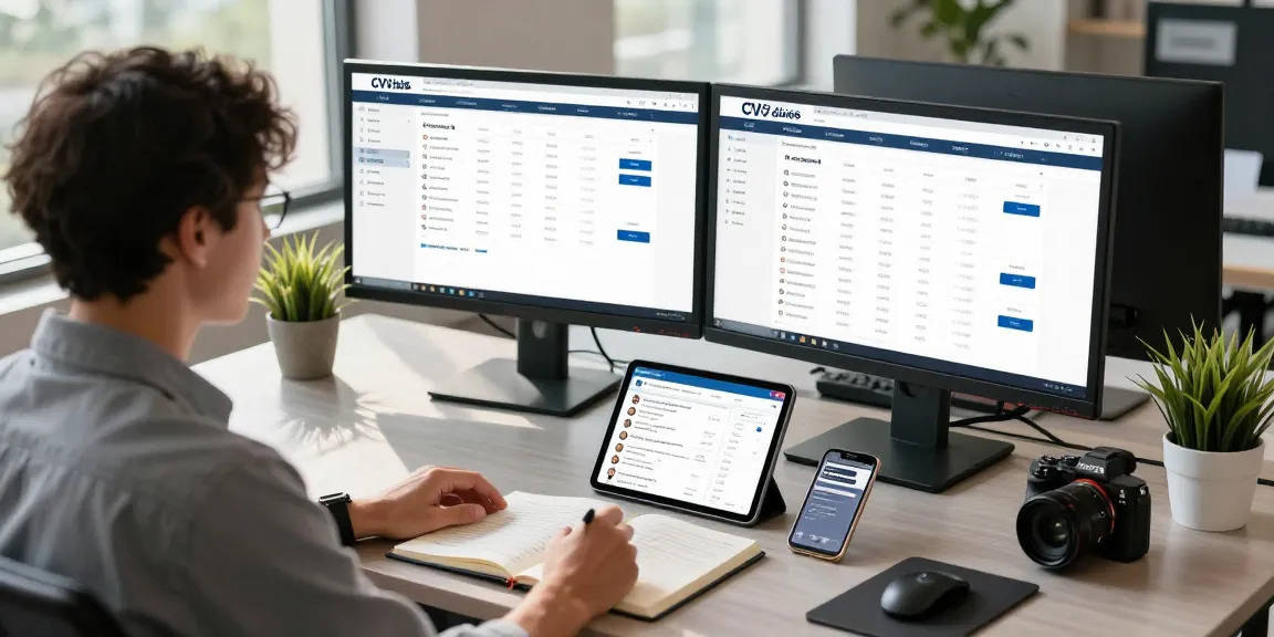 Person using top dumps shop on dual monitors in a modern office.