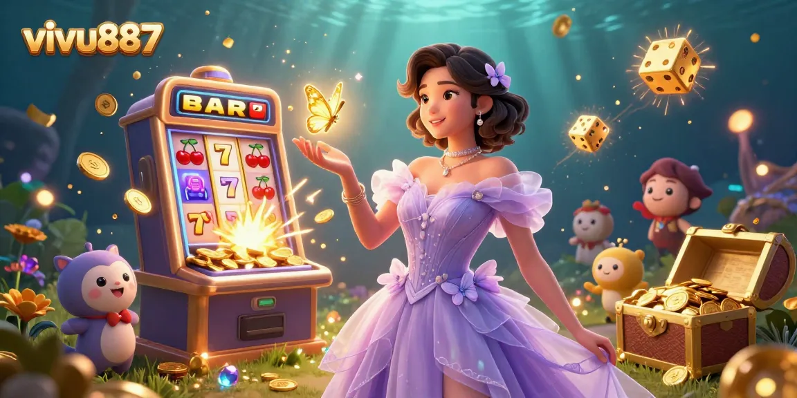 Experience the thrill of vivu887 with an enchanting fantasy casino scene featuring games, jackpots, and vibrant visuals.