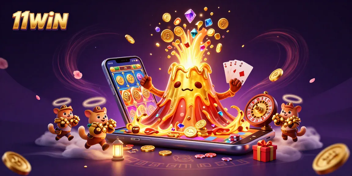 Experience the thrill of 11WIN with a vibrant rendering of a golden volcano surrounded by dynamic gaming elements.