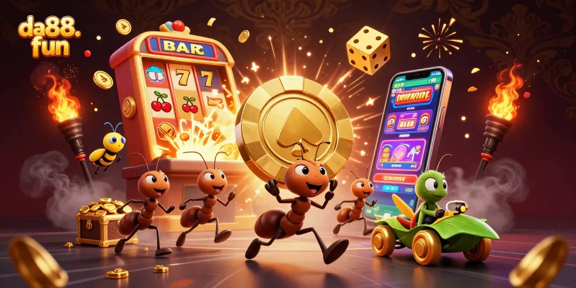 Experience da88. fun with cartoon ants carrying a giant poker chip, bursting slots, and vibrant casino elements.