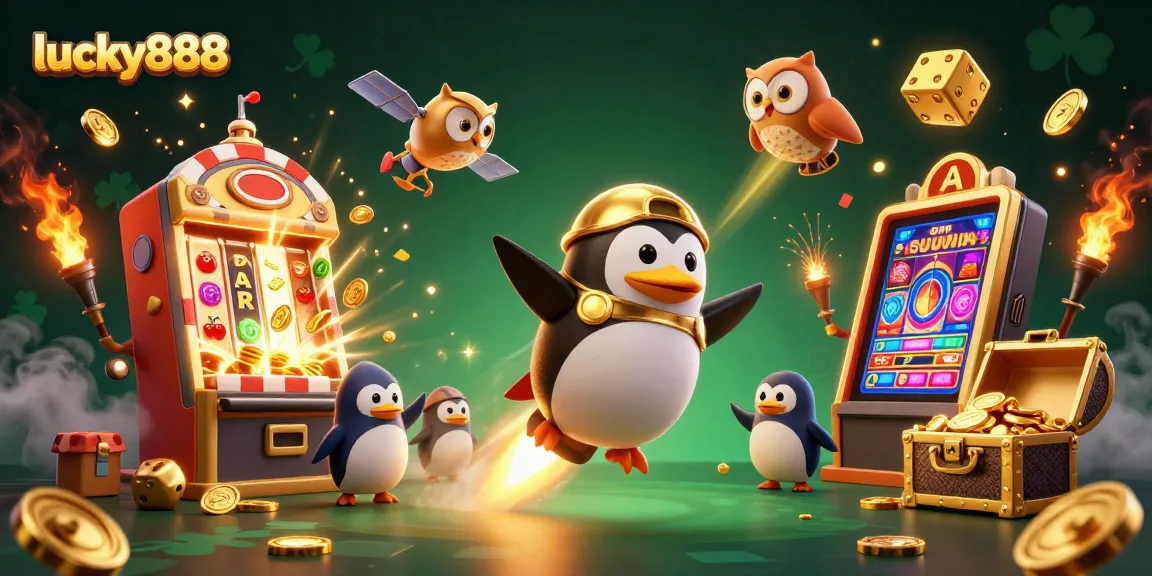 Experience thrilling gameplay with lucky888, featuring a golden penguin, casino visuals, and exciting jackpots.