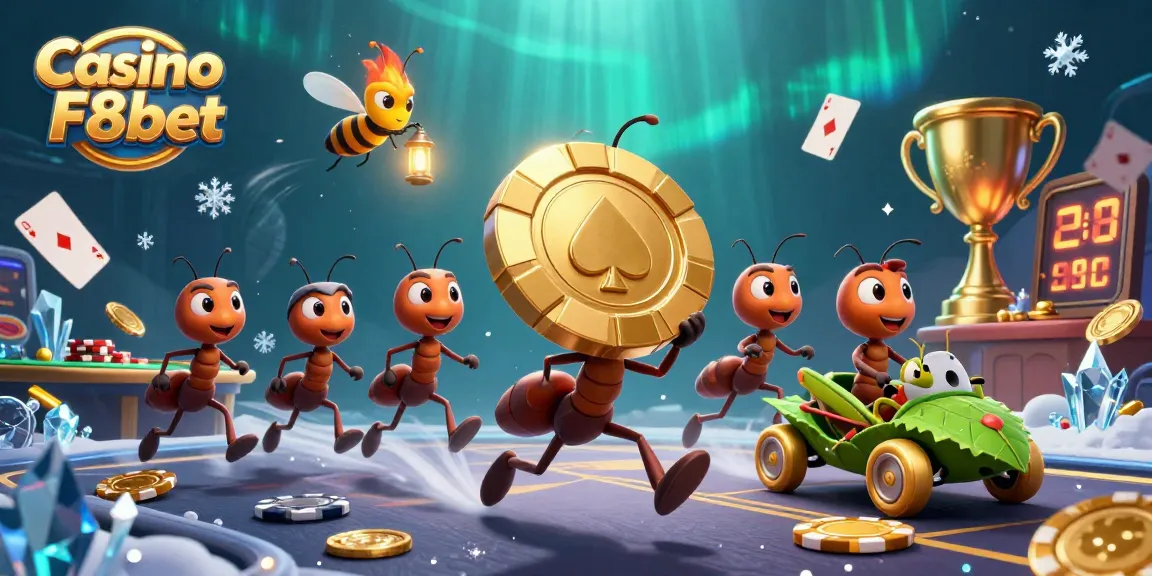 Experience thrilling gameplay at Casino F8bet with a dynamic heist scene featuring ant characters and casino elements.
