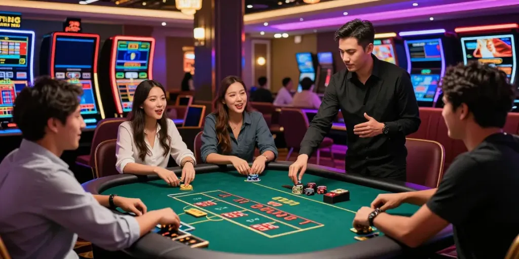 Engaged players at the online casino vin88 enjoying a vibrant gaming experience with colorful lights.