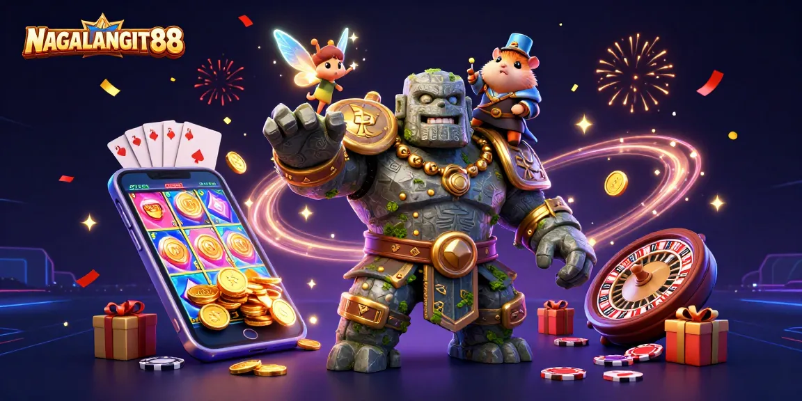 NAGALANGIT88 showcases a vibrant 3D scene with a golem, fairy, and hamster knight amidst casino games and sparkling coins.